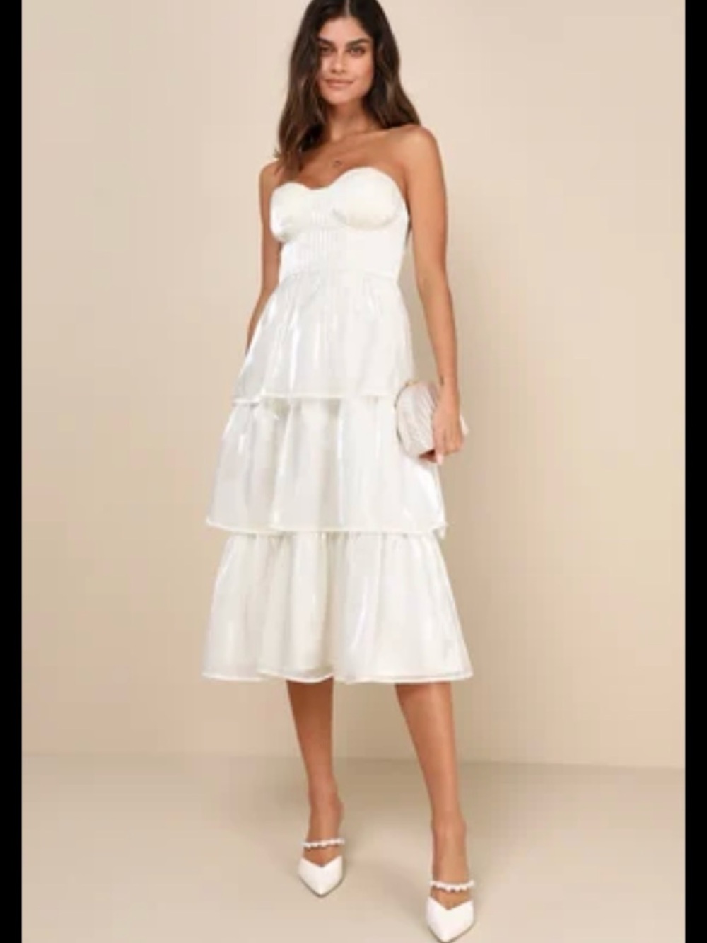 Lulus Com-Pleat-Ly Charming NEW Ivory Organza Tiered Strapless Midi Dress. Med